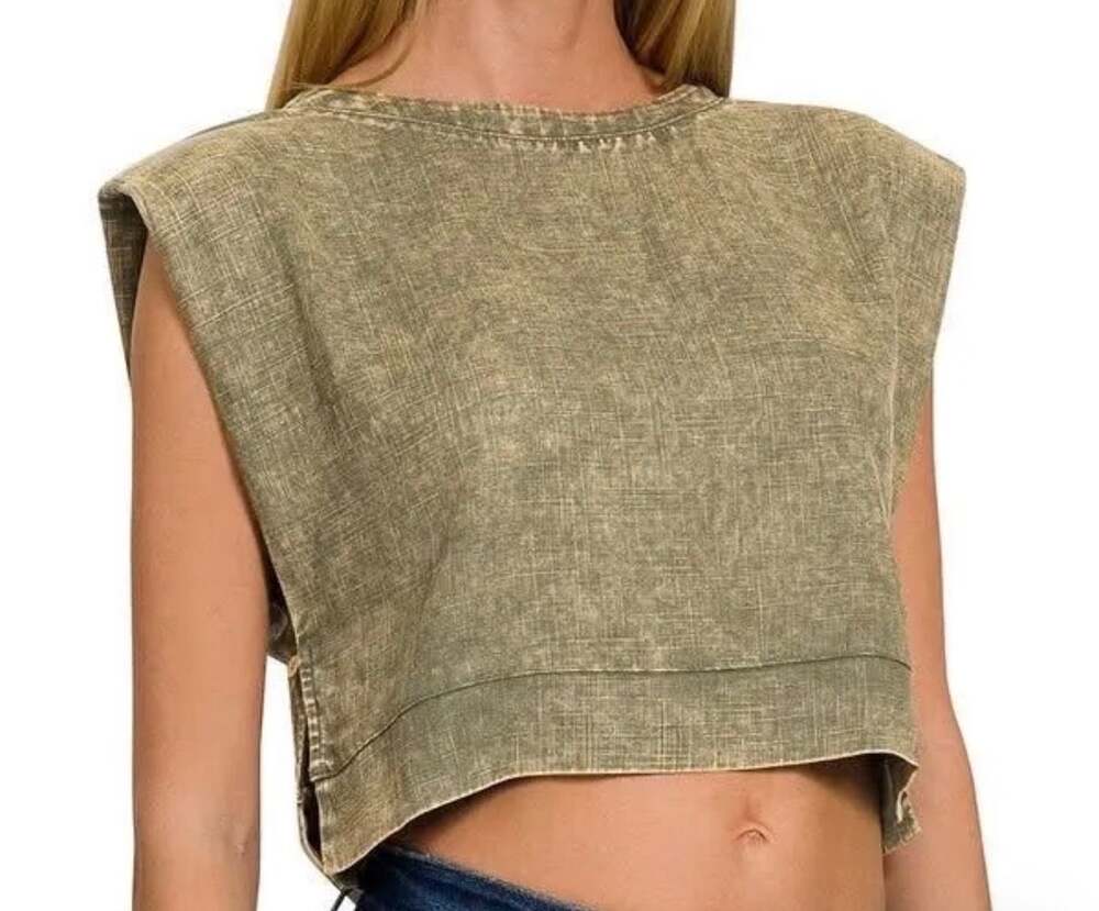 Zenana Acid Wash Side Button Muscle Crop Top - Light Olive green NWOT Small